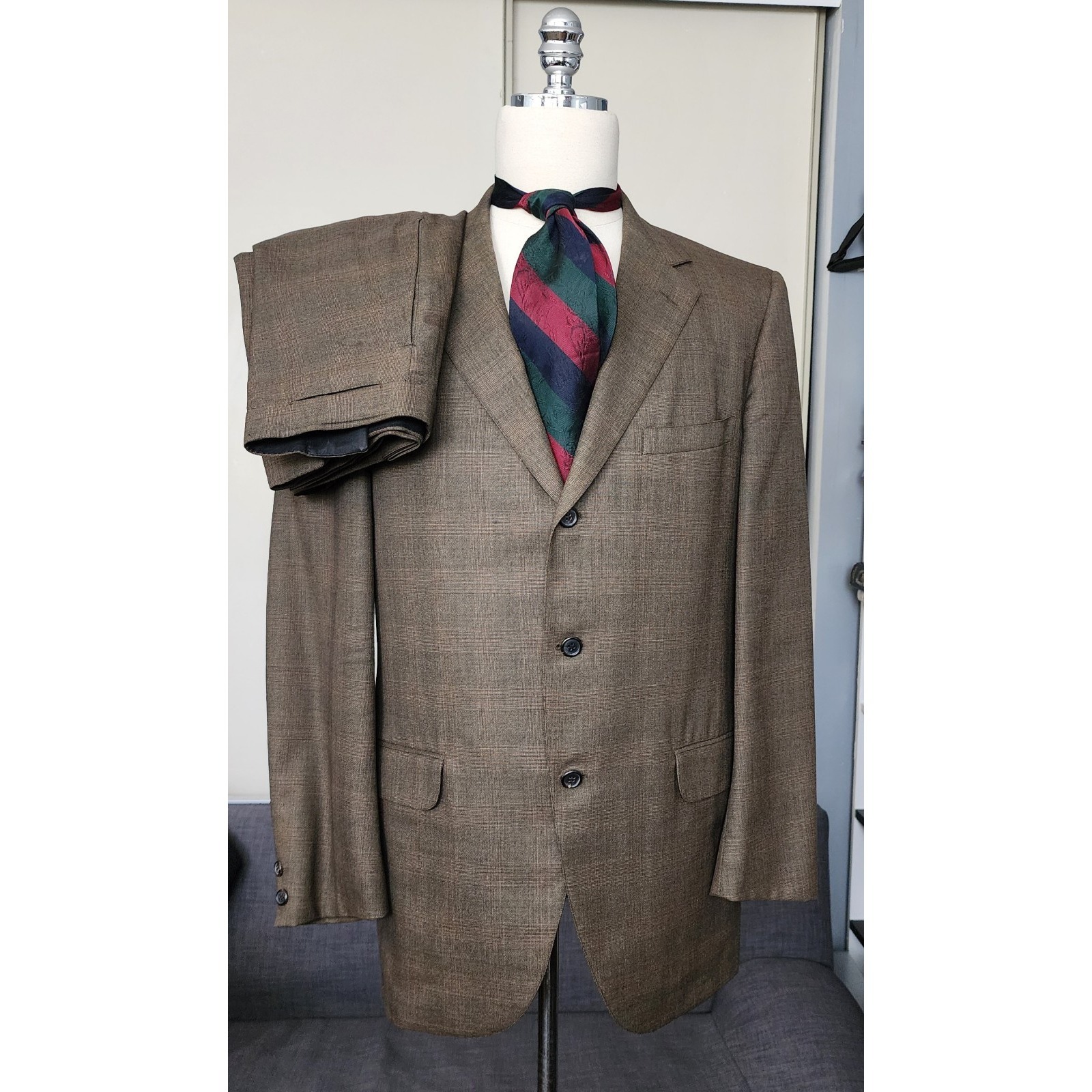 Vtg Hickey Freeman Brown Wool Men 3 Roll 2 Bttns Ivy Sack Suit 40, Pant 36x29.5